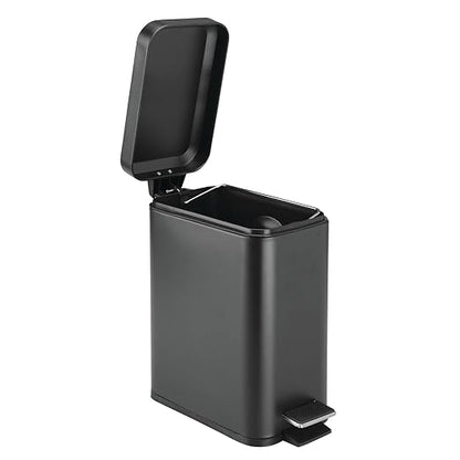 mDesign Small Modern 1.3 Gallon Rectangle Metal Lidded Step Trash Can, Compact Garbage Bin with Removable Liner Bucket and Handle for Bathroom, Kitchen, Craft Room, Office, Garage - Black