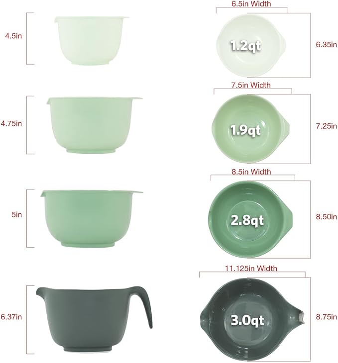 Glad Mixing Bowls with Pour Spout, Set of 4 - Nesting Plastic Bowls (1.2qt, 1.9qt, 2.8qt, and 3qt with Handle) - Non Slip Base, Dishwasher Safe Kitchen Cooking and Baking Supplies, Green - Image 5