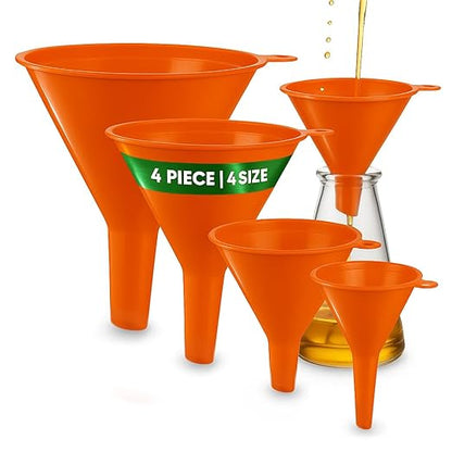 Oil Funnel Set (Orange, 4-Pack) – Plastic Funnels for Automotive Use – Funnels for Kitchen Use Filling Bottles and containers – Funnel for Water Bottles, Gas, Car Oil, Lubricants and Fluids by Unknown