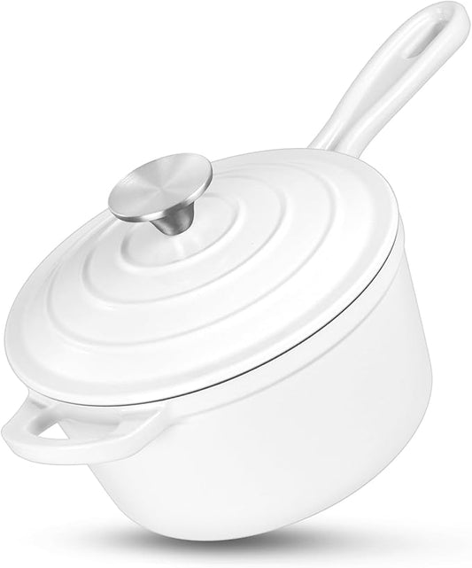 HaSteeL 2 QT Cast Iron Saucepan, Mini Enamel dutch oven with lid, Small Non Stick Pan for Milk, Pasta Tomato Sauce, Butter, Breakfast, Soup, Suitable for Boiling Stewing Frying, Easy to Clean, White