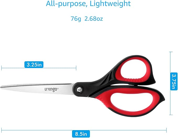 LIVINGO 8.5” Scissors All Purpose - Ultra Sharp Multipurpose 3 Pack Heavy duty Shears for Office, Home, School Sewing and Crafting Cutting Fabric, Paper, Red Comfort Grip - Image 2