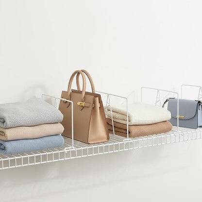 Wire Shelf Dividers - White Closet Organization & Storage Organizer - No Tool Shelf Divider for Wire Shelves - Metal Shelf Accessories – for 12“ Deep Wire Shelves – Tall 7” Height – 8 Pack