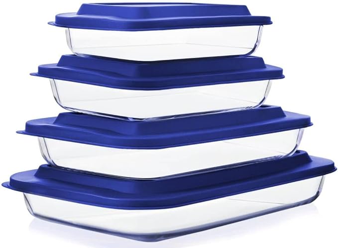 8-Piece Glass Baking Dish Set with Plastic lids,Rectangular Glass Bakeware Set with Lids, Baking Pans for Lasagna, Leftovers, Cooking, Kitchen, Freezer-to-Oven and Dishwasher, Blue by MMCIRCO
