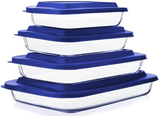 8-Piece Glass Baking Dish Set with Plastic lids,Rectangular Glass Bakeware Set with Lids, Baking Pans for Lasagna, Leftovers, Cooking, Kitchen, Freezer-to-Oven and Dishwasher, Blue by MMCIRCO