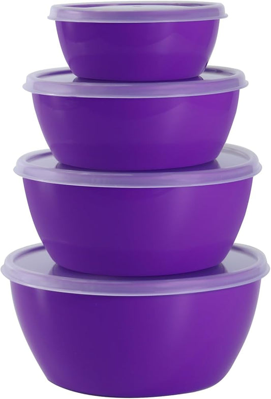 4-Piece Classic Plastic Prep Bowls with Lids, Nesting Plastic Small Mixing Bowl Set for Mixing, Baking, Prepping, Cooking and Serving Food, Microwave and Dishwasher Safe (Purple) by SCWBOEII