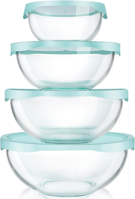 Luvan Borosilicate Clear Glass Mixing Bowls with Lids Set of 4 (0.53qt, 1.1qt, 2.1qt, 3.7qt), Space Saving Nesting Bowls Large Kitchen Salad Bowls for Meal Preping,Baking,Mixing,Dishwasher Safe by Luvan