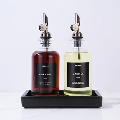 Molimoli Oil and Vinegar Dispenser with Metal Pour Spout, Weighted Pourer, Glass Bottle Dispenser for Kitchen w. Ceramic Tray|Black, 350ml, Set of 2 by MoliMoli