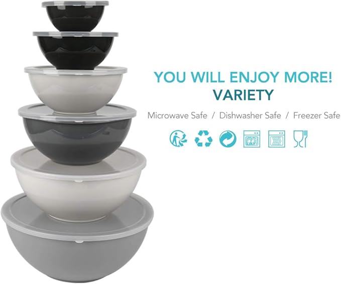 BoxedHome BPA Free Plastic Round Mixing Bowl with Lids, 12 Pack Nesting Bowls with Lids Set, Microwave and Dishwasher Safe Prep & Serving Bowls Great for Mixing, Baking, Serving (Grey, 12pcs) - Image 2
