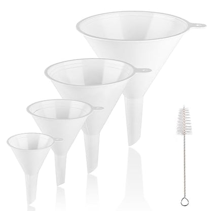 4 PCS Plastic Kitchen Funnel Set with Clean Brush, Food Grade Funnel for Kitchen Use Filling Bottles, Liquid, Protein Powder, Multifunctional Funnels for Cooking, Lab and Automotive Use by Unknown