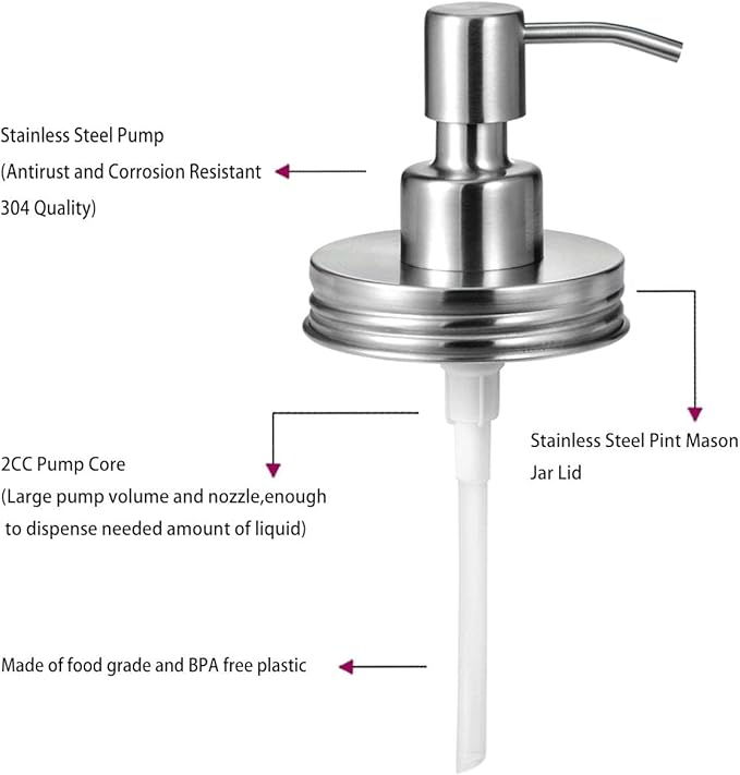 Amolliar Mason Jar Liquid Soap Dispenser Lid, Stainless Steel Pump for 16oz Regular Mouth Jar, Rustic Farmhouse Decor, Kitchen Hand Soap, Dish, Lotion Soap, Brushed Nickel 4 Pack, Extra 2 Long Tubes