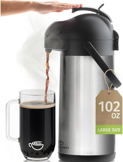 Cresimo Coffee Carafe with Pump - 102oz / 3L Airpot 12 Hours Large Hot Water Carafe, Cocoa Dispenser for Parties - Tea Flask, Insulated Stainless Steel Airpots for Hot Beverage Dispenser -Coffee Pump by Cresimo