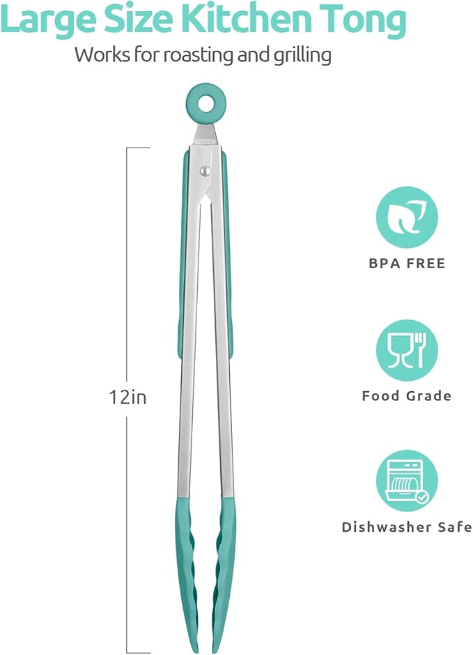 600ºF Heat Resistant Kitchen Tongs: U-Taste 12 in Large Silicone Cooking Tong with Sturdy Non Stick Rubber Tips & Silicon Coated 18/8 Stainless Steel Handle & Smooth Locking for Serving Grill-Aqua Sky - Image 2