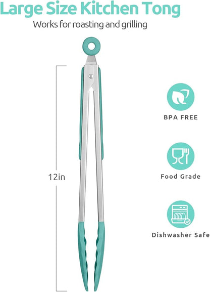 600ºF Heat Resistant Kitchen Tongs: U-Taste 12 in Large Silicone Cooking Tong with Sturdy Non Stick Rubber Tips & Silicon Coated 18/8 Stainless Steel Handle & Smooth Locking for Serving Grill-Aqua Sky - Image 2