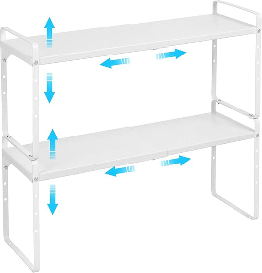 Set of 2 Expandable Cabinet Shelf Organizer, Stackable Kitchen Countertop Shelves Spice Racks, Small Storage Shelf For Cupboard Counter Tabletop, 30 LBS Heavy Duty, Adjustable, 13.8" to 21.6" Long by X-cosrack