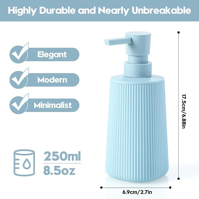 Small Soap Dispenser for Bathroom and Kitchen, Modern Farmhouse Striped Style Plastic Hand Soap Dish Soap Dispenser with Pump Light Blue - Image 3