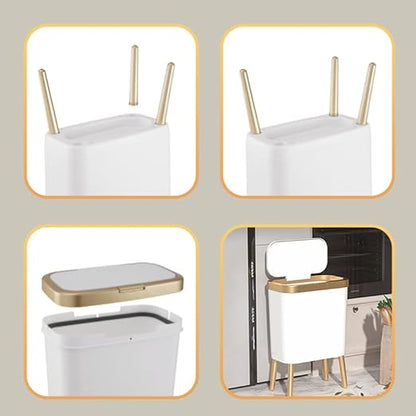 Procade Bathroom Trash Can with Lid, Plastic Garbage Can with Legs, 4 Gallon Gold Trash Bin with Push Button, Narrow White Trash Can Waste Basket for Bedroom, Living Room,Office，Dog Proof Trash Bin