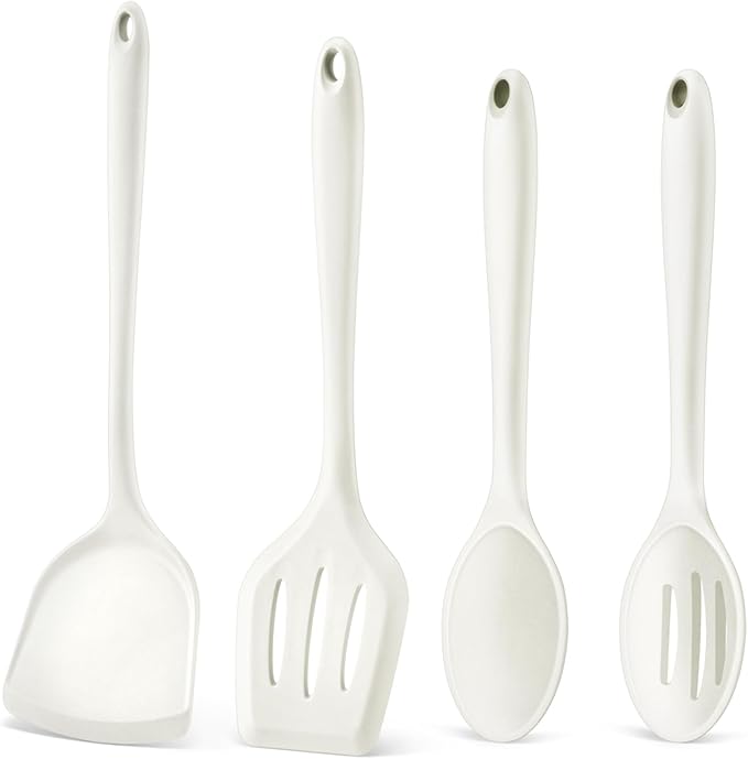 P&P CHEF Kitchen Utensil Set, 4 Pieces Non-stick Silicone Cooking Utensils, Heat-resistant Slotted Solid Spoon Turner for Frying, Mixing, Serving, Non-toxic & Easy to Clean, White by PPCHEF