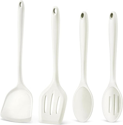 P&P CHEF Kitchen Utensil Set, 4 Pieces Non-stick Silicone Cooking Utensils, Heat-resistant Slotted Solid Spoon Turner for Frying, Mixing, Serving, Non-toxic & Easy to Clean, White by PPCHEF