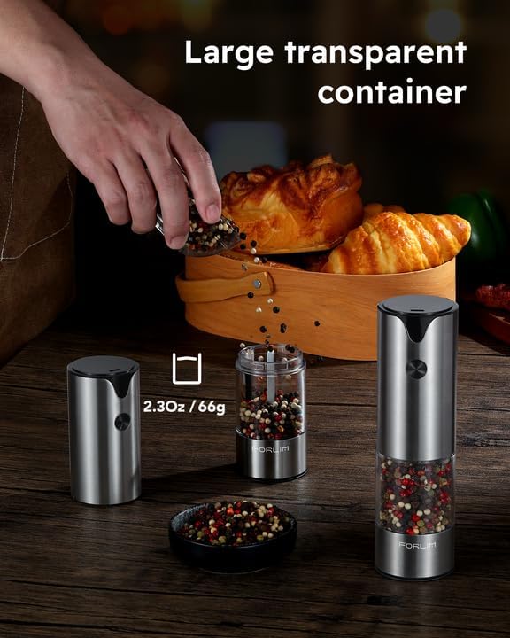 FORLIM Electric Salt and Pepper Grinder Set, USB Rechargeable, Automatic Salt Pepper Mill Grinder with Dust Cover, One-Button Control, Adjustable Coarseness, Warm LED Light (2 Packs, Stainless Steel) - Image 5