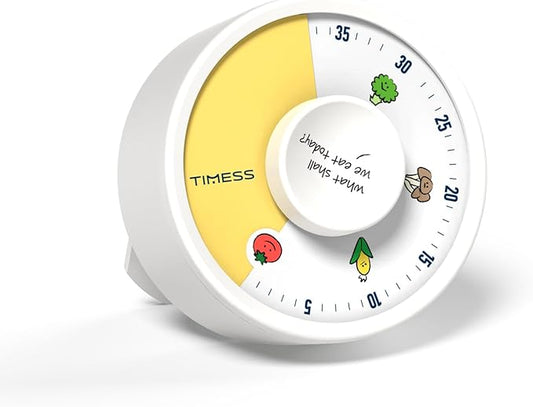 60-Minute Visual Timer, Twist to Set, Loud Battery-Powered Alarm, Easy Manual Rotary Countdown Dial for Kitchen Cooking, Baking, Meal Prep & Home Use (White Food Icons)