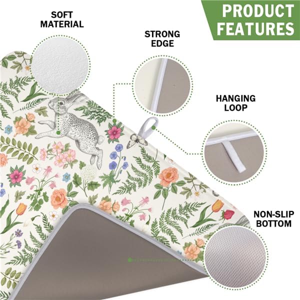 Easter Bunny Dish Drying Mat for Kitchen Counter,Colorful Flowers Sage Green Leaves Vintage Botanical Plants Drying Mat 16 x 18 Inch with Absorbent Reversible Microfiber Drying Pad for Coffee Bar - Image 2