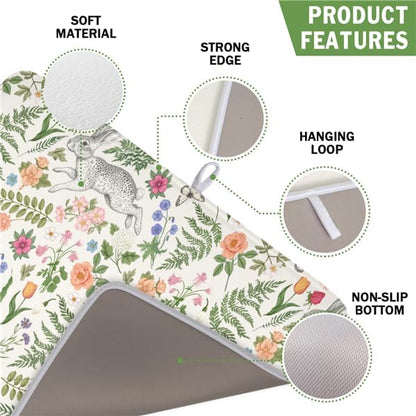 Easter Bunny Dish Drying Mat for Kitchen Counter,Colorful Flowers Sage Green Leaves Vintage Botanical Plants Drying Mat 16 x 18 Inch with Absorbent Reversible Microfiber Drying Pad for Coffee Bar - Image 2