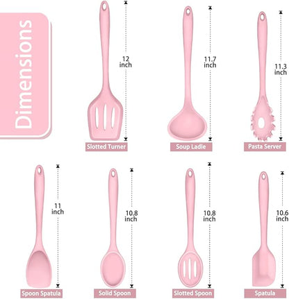 P&P CHEF Silicone Cooking Utensils Set of 7, Heat-proof Kitchen Utensils Set for Nonstick Cookware, Non-stick Spatula, Slotted Turner, Soup Ladle, Pasta Server, Spoon for Cooking Serving - Pink - Image 2