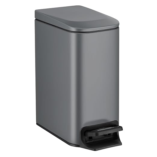 TIPGO Slim Bathroom Trash Can with Lid Soft Close, 6 Liter / 1.6 Gallon Stainless Steel Garbage Can with Removable Inner Bucket, Step Pedal, Small Trash Cans for Bedroom, Office, Kitchen (Grey) by TIPGO