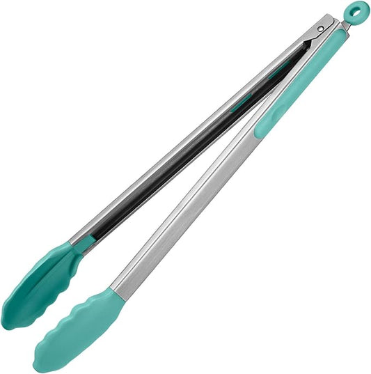 600ºF Heat Resistant Kitchen Tongs: U-Taste 16 in Extra Long Large Silicone Cooking Tong with Sturdy Non Stick Rubber Tips & Non Slip Silicon Coated 18/8 Stainless Steel Handle for Grill BBQ(Aqua Sky) by U-Taste