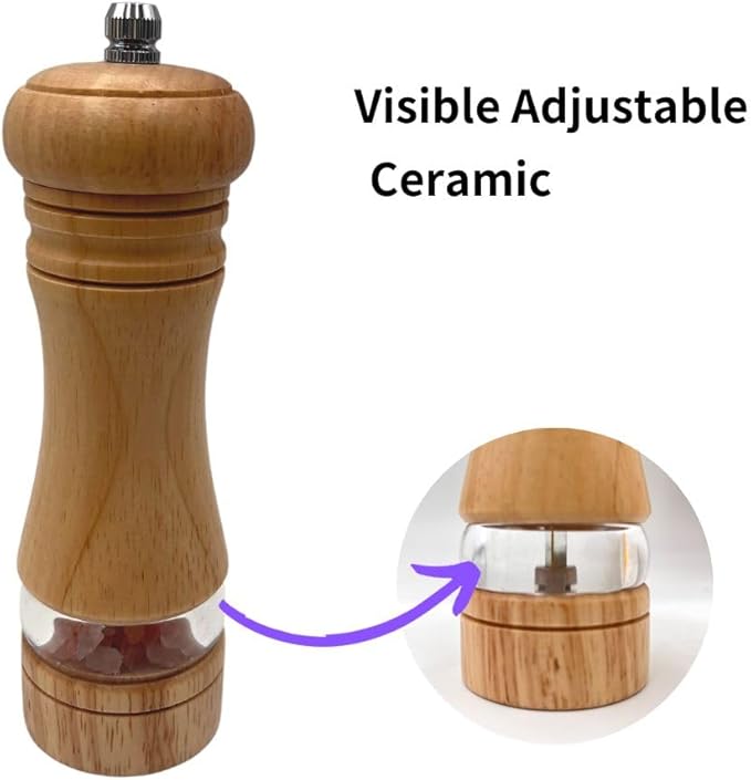 Classic Salt and Pepper Grinder Set,Refillable Salt and Pepper Mills,Manual Oak Wood Salt Grinder,Pepper Grinder,Visible Adjustable Ceramic Grinding Rotor,2 Packs set 6.5 inch Each