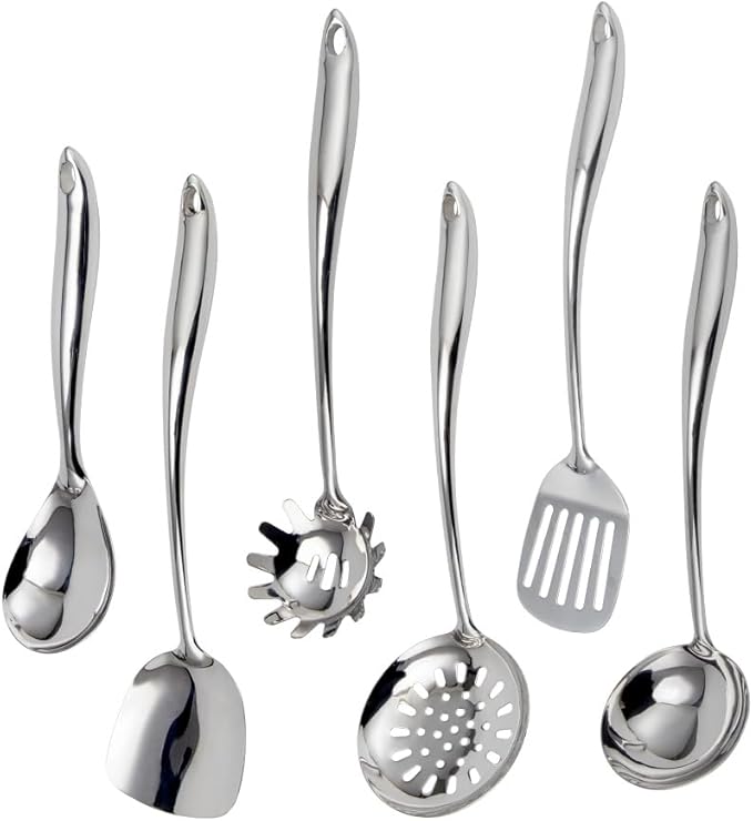 VALESKA 6PCS Stainless Steel Cooking Utensils Set,Metal Kitchen Utensils Set, Include Wok Spatula Stainless Steel,Metal Pasta Spoon and etc,Easy to Clean by VALESKA