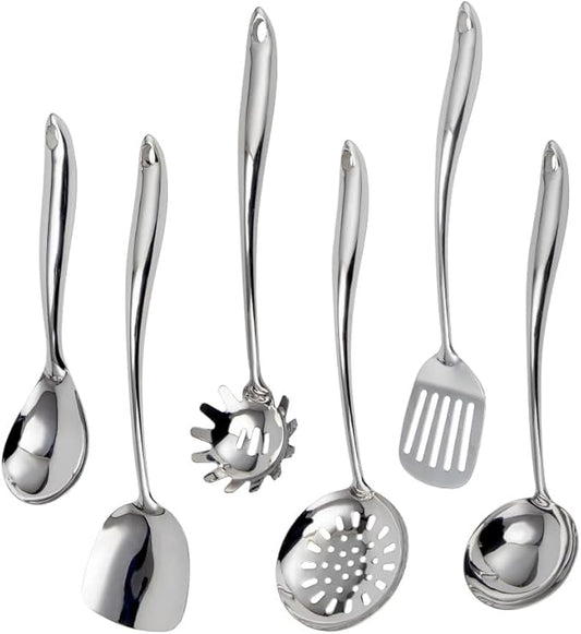 VALESKA 6PCS Stainless Steel Cooking Utensils Set,Metal Kitchen Utensils Set, Include Wok Spatula Stainless Steel,Metal Pasta Spoon and etc,Easy to Clean by VALESKA