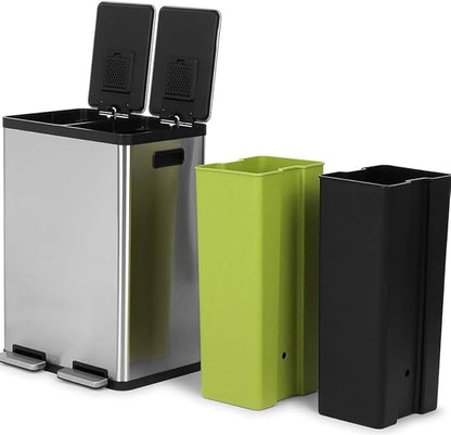 Simpli-Magic 60 Liter / 16 Gallon Rectangular Hands-Free Dual Compartment Recycling Kitchen Step Trash Can with Soft-Close Lid, Brushed Stainless Steel (30L x 30L Capacity) - Image 4
