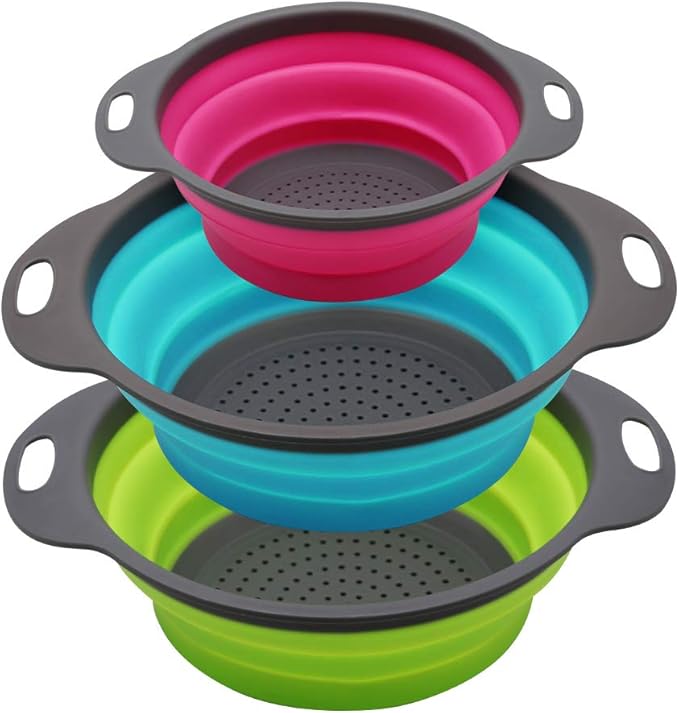 Qimh Collapsible Colander Set of 3 Round Silicone Kitchen Strainer Set - 2 pcs 4 Quart and 1 pcs 2 Quart- Perfect for Draining Pasta, Vegetable and fruit (green,blue, purple) by Qimh