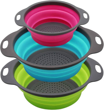 Qimh Collapsible Colander Set of 3 Round Silicone Kitchen Strainer Set - 2 pcs 4 Quart and 1 pcs 2 Quart- Perfect for Draining Pasta, Vegetable and fruit (green,blue, purple) by Qimh