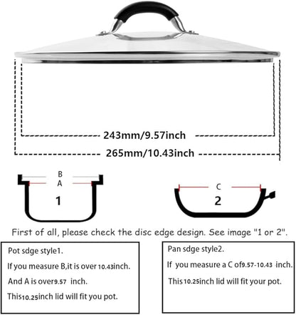 10.25 Inch Tempered Glass Lid for Lodge 10.25" Cast Iron Skillets & 5QT Dutch Ovens -Stainless Steel Handle and Rim (10.25 INCH LID)