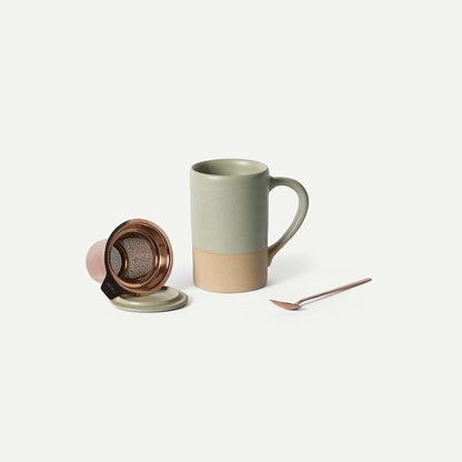 MORA Ceramics Tea Cup with Loose Leaf Infuser, Spoon and Lid, 12 oz, Microwave and Dishwasher Safe Coffee Mug - Rustic Matte Ceramic Glaze, Modern Herbal Tea Strainer - Great Gift for Women, Thyme by MORA