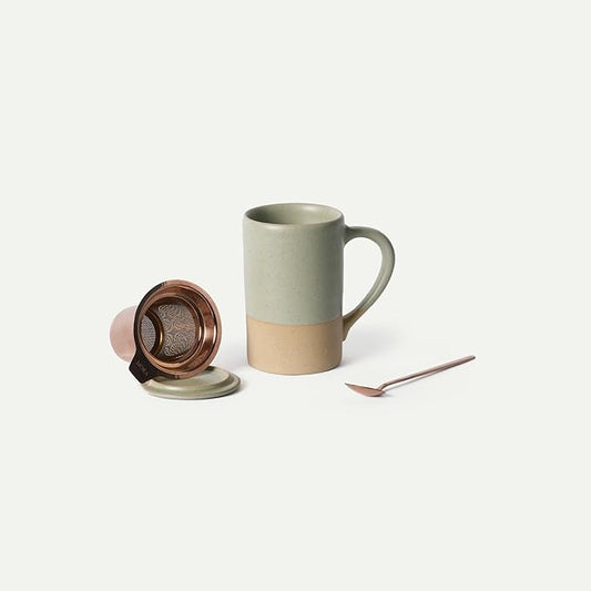 MORA Ceramics Tea Cup with Loose Leaf Infuser, Spoon and Lid, 12 oz, Microwave and Dishwasher Safe Coffee Mug - Rustic Matte Ceramic Glaze, Modern Herbal Tea Strainer - Great Gift for Women, Thyme by MORA