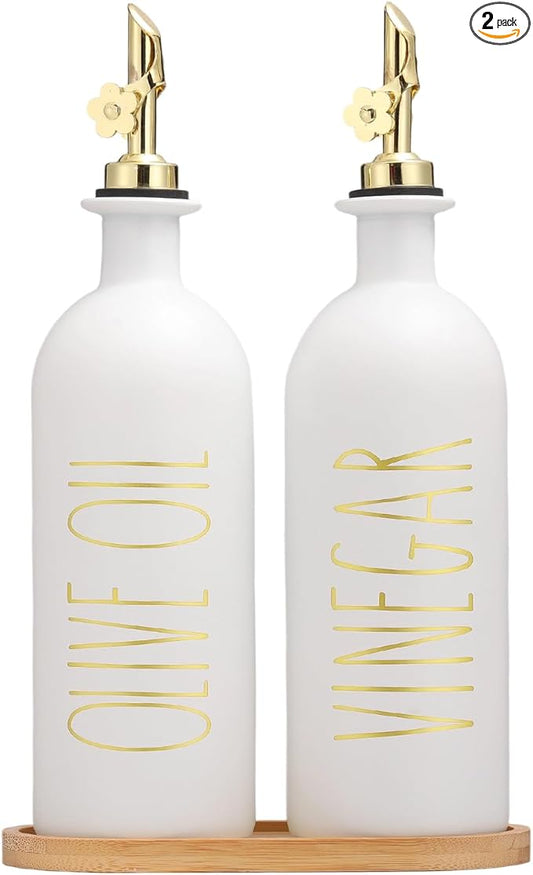 HOMCDALY 16oz Olive Oil Dispenser Bottles for Kitchen, Gold Oil&Vinegar Dispenser Set, Glass Oil Dispenser for Kitchen with Bamboo Tray | Set of 2 (16oz-P-Gold) by HOME