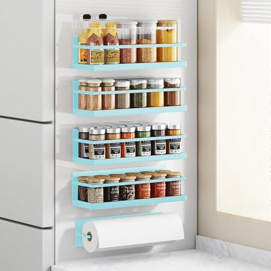 Magnetic Spice Rack For Refrigerator, Space Saving Magnetic Shelf For Fridge Blue 4 Pack With Magnetic Paper Towel Holder by Roysili