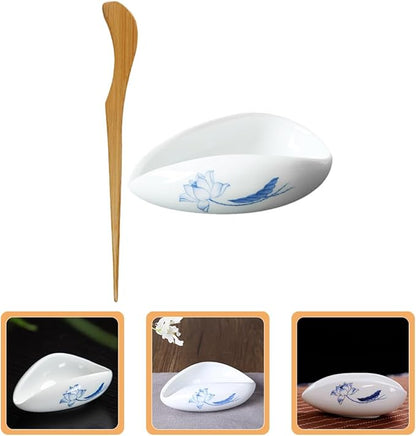 Ceramic Tea Leaf Holder Plate with Tea Spoon Scoop Coffee Bean Dosing Tray Vintage Style and Daily Use