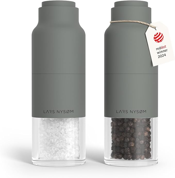 LARS NYSØM Salt and Pepper Grinder Set, Stainless Steel Manual Salt and Pepper Mills, Adjustable Ceramic Grinder, Design Spice Shakers (Ash Gray)