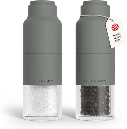 LARS NYSØM Salt and Pepper Grinder Set, Stainless Steel Manual Salt and Pepper Mills, Adjustable Ceramic Grinder, Design Spice Shakers (Ash Gray)