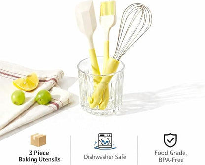 3-Piece Baking Tools Set with Silicone Spatulas, Stainless Steel Whisks & Pastry Brushes – Essential Kitchen Utensils for Cake Decorating, Mixing, Cooking & Baking Needs