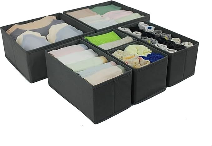 Amazon Basics Collapsible Cloth Drawer Organizer Boxes for Socks, Underwear and Baby Clothes, Storage Bins, Gray, Set of 6 - Image 3