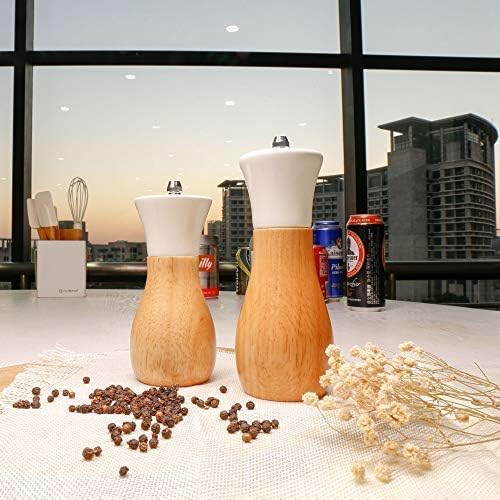 Tessie & Jessie Salt Grinder White Wooden Pepper Grinder Sea Salt And Pepper Grinders Set 5” And 6” Salt Mills of Oilcan Shaped (Oilcan, White)