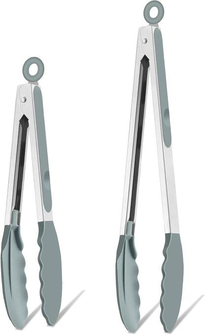 TeamFar Kitchen Tongs, 9" and 12" Stainless Steel Cooking Tongs with Silicone Tips for Cooking Grilling Serving & BBQ, Heat Resistant Silicone Tongs, Locking Design & Dishwasher Safe, Set of 2 & Grey by TeamFar