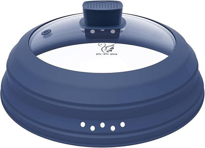 Microwave Splatter Cover Glass Guard Lid with Collapsible Silicone for Food Pot Plate Cover 9.8 inch Dark Blue