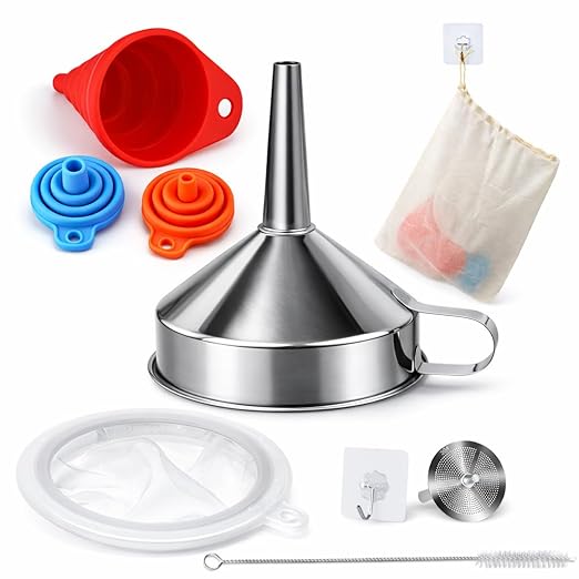 No Spill Kitchen Funnel Set, Food Grade 3 Collapsible Silicone Funnels & 1 Stainless Steel Funnel, Used for Hot Oil, Juice, Powder, Vials & More - Solves All Your Pouring Problems in the Kitchen