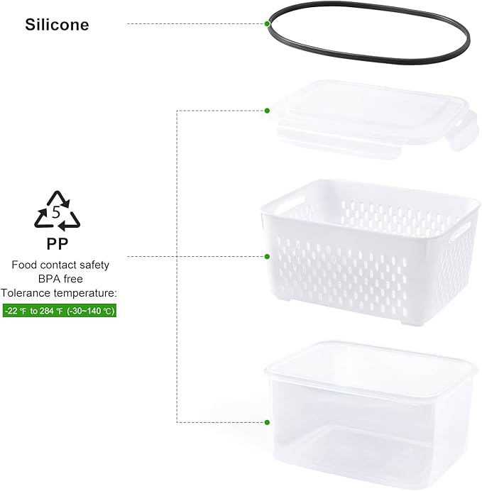 5 PCS Large Fruit Containers for Fridge - Leakproof Food Storage Containers with Removable Colander - Dishwasher & microwave safe Produce Containers Keep Fruits, Vegetables, Berry, Meat Fresh longer - Image 8